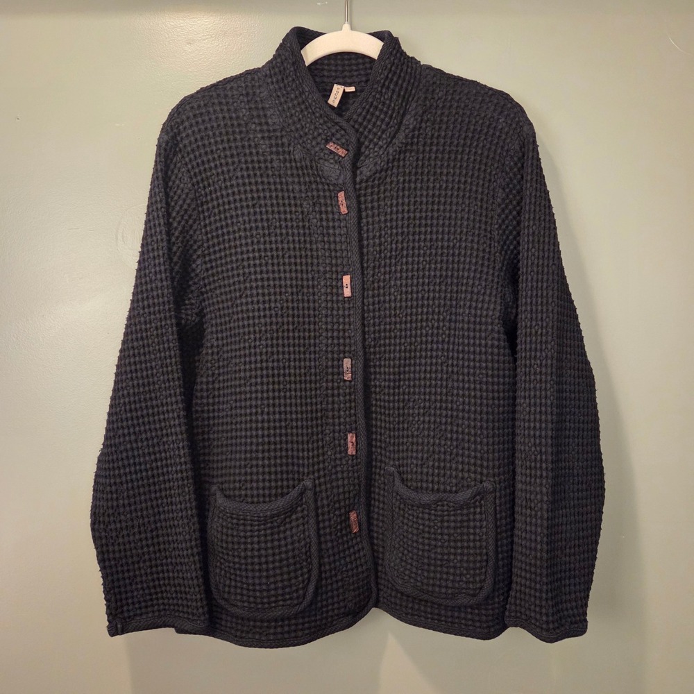 Focus Waffleknit Toggle Cardigan Sweater Jacket Women's M Black 100% Cotton